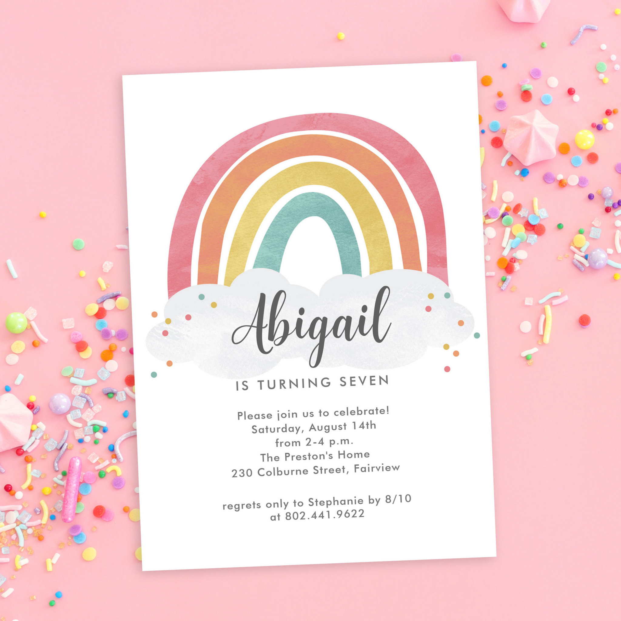 Colorful Rainbow Calligraphy Kids Birthday Invitation