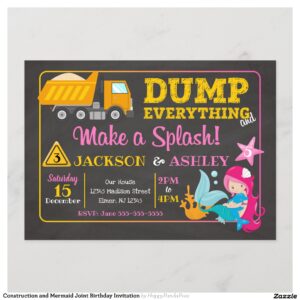 Construction and Mermaid Joint Birthday Invitation
