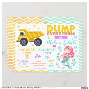 Construction and Mermaid Joint Birthday Invitation