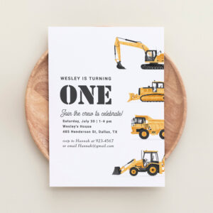 Construction Vehicles 1st Birthday Party Invitation