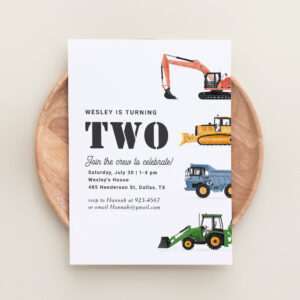Construction Vehicles 2nd Birthday Party Invitation
