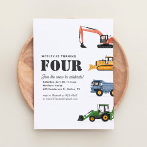 Construction Vehicles 4th Birthday Party Invitation