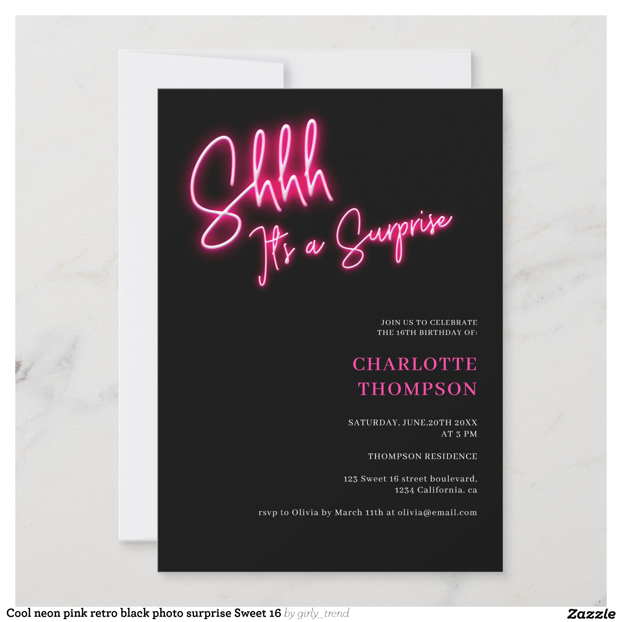Cool neon pink retro black photo surprise Sweet 16 Invitation