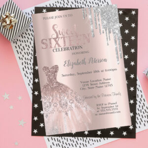 Cool Silver Glitter Drips,Dress Rose Gold Sweet 16 Invitation