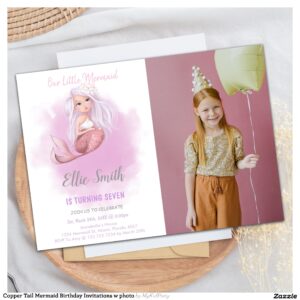 Copper Tail Mermaid Birthday Invitations w photo