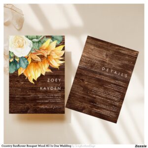 Country Sunflower Bouquet Wood All In One Wedding Invitation