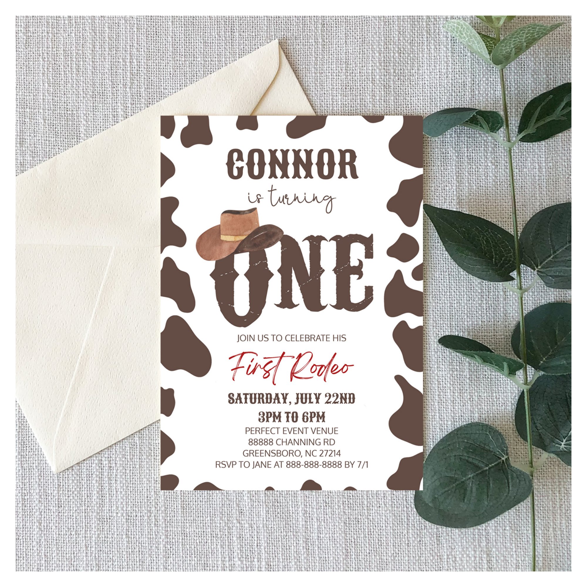 Cowboy Hat ONE First Rodeo 1st Birthday Party Invitation
