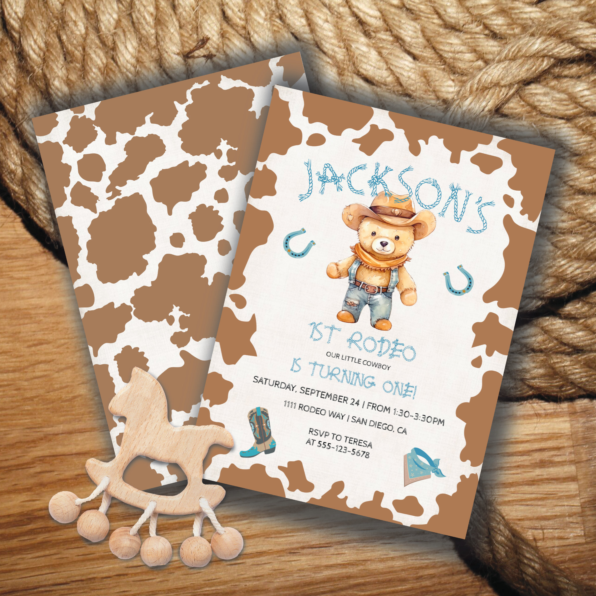 Cowboy Teddy Bear 1st Rodeo Cow pattern Birthday Invitation