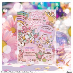 Cowgirl Four The Love Of Rodeo 4th Birthday Party Invitation