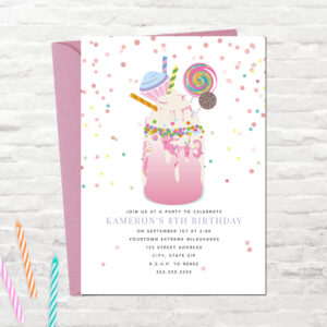 Crazy Milkshake Candy Cupcake Pink Birthday Party Invitation
