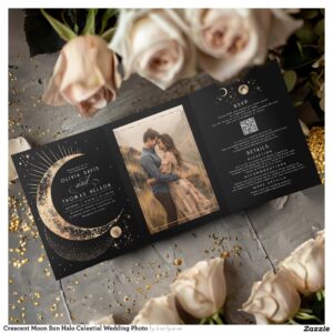 Crescent Moon Sun Halo Celestial Wedding Photo Tri-Fold Invitation
