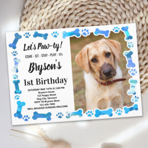 Custom Dog Birthday Blue Paw Print Puppy Pet Photo Invitation