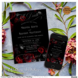 Custom Elegant Black and Red Floral Wedding Invitation