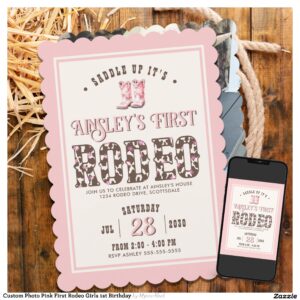 Custom Photo Pink First Rodeo Girls 1st Birthday Invitation