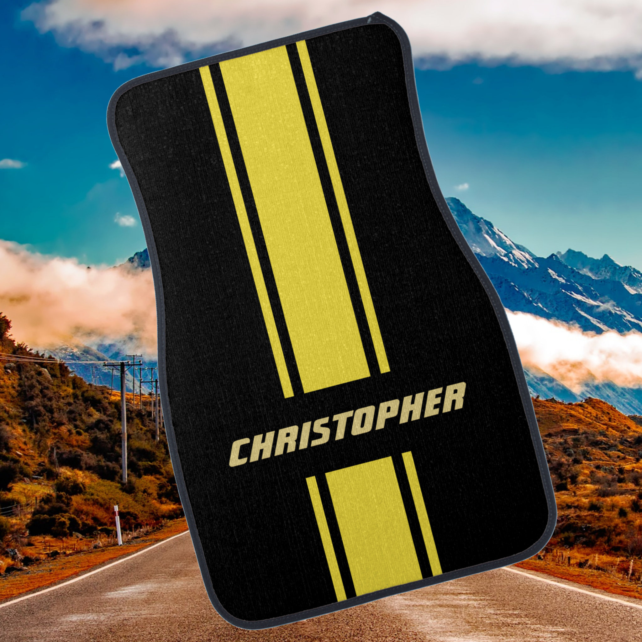 Custom Yellow Black Racing Stripes Gold Monogram Car Floor Mat