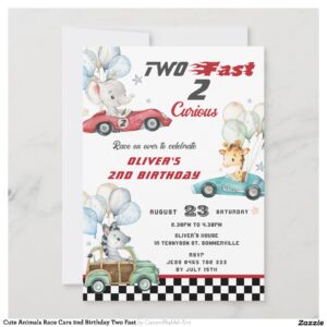 Cute Animals Race Cars 2nd Birthday Two Fast Invitation