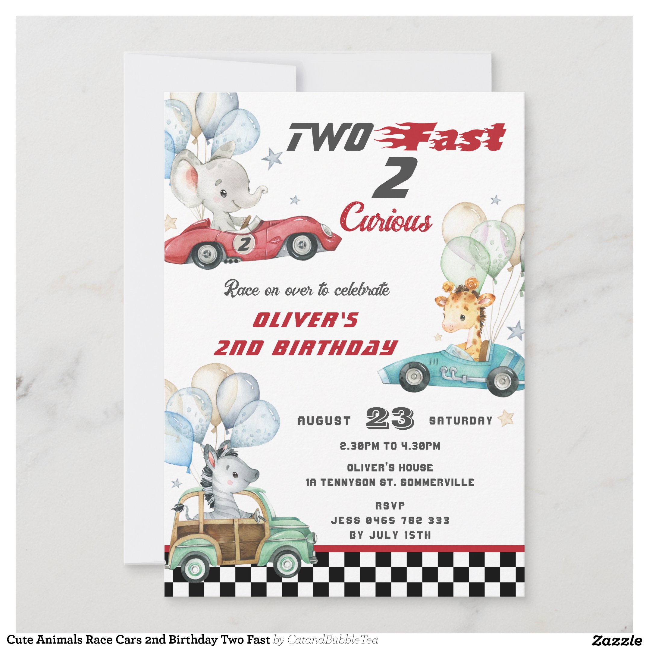 Cute Animals Race Cars 2nd Birthday Two Fast Invitation