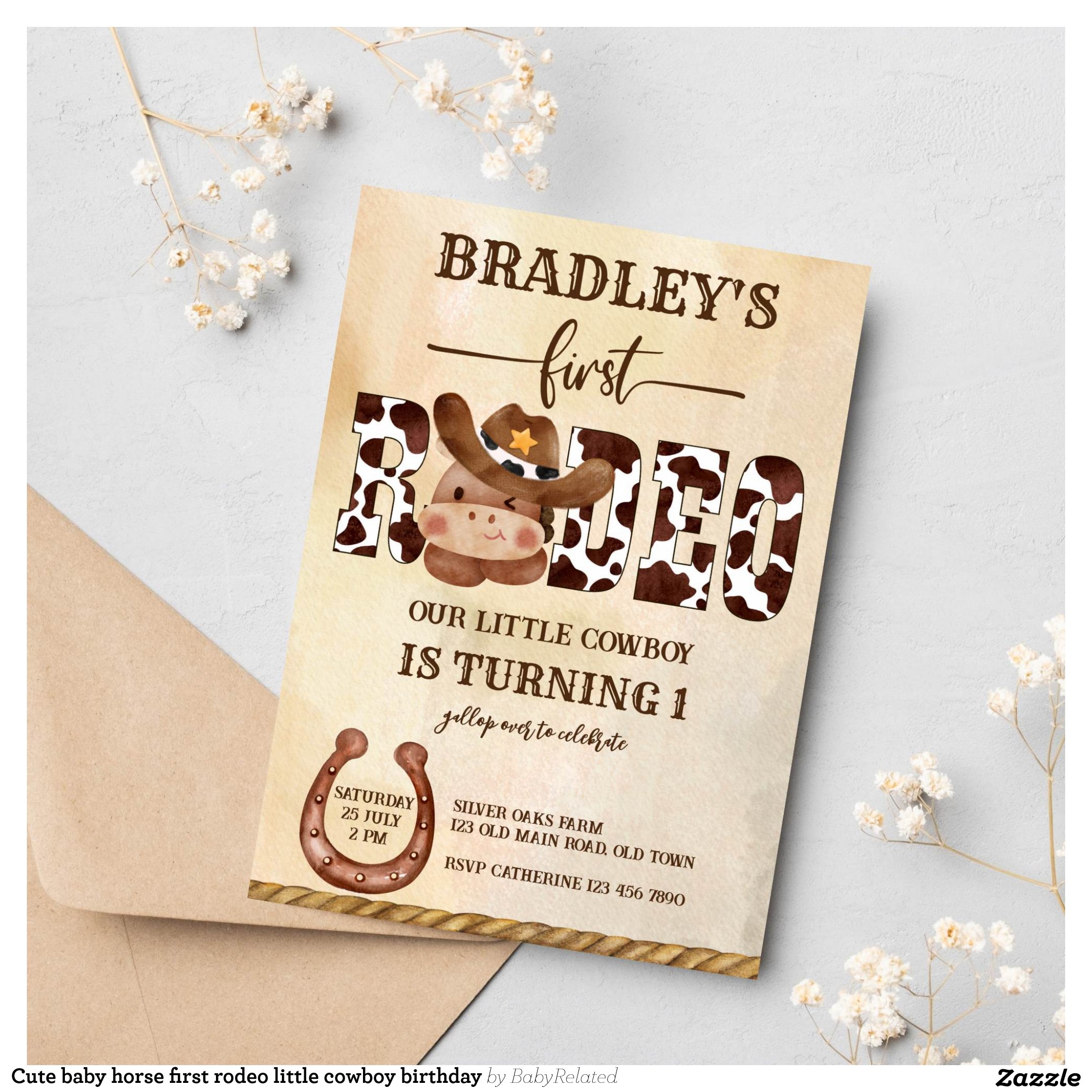 Cute baby horse first rodeo little cowboy birthday invitation