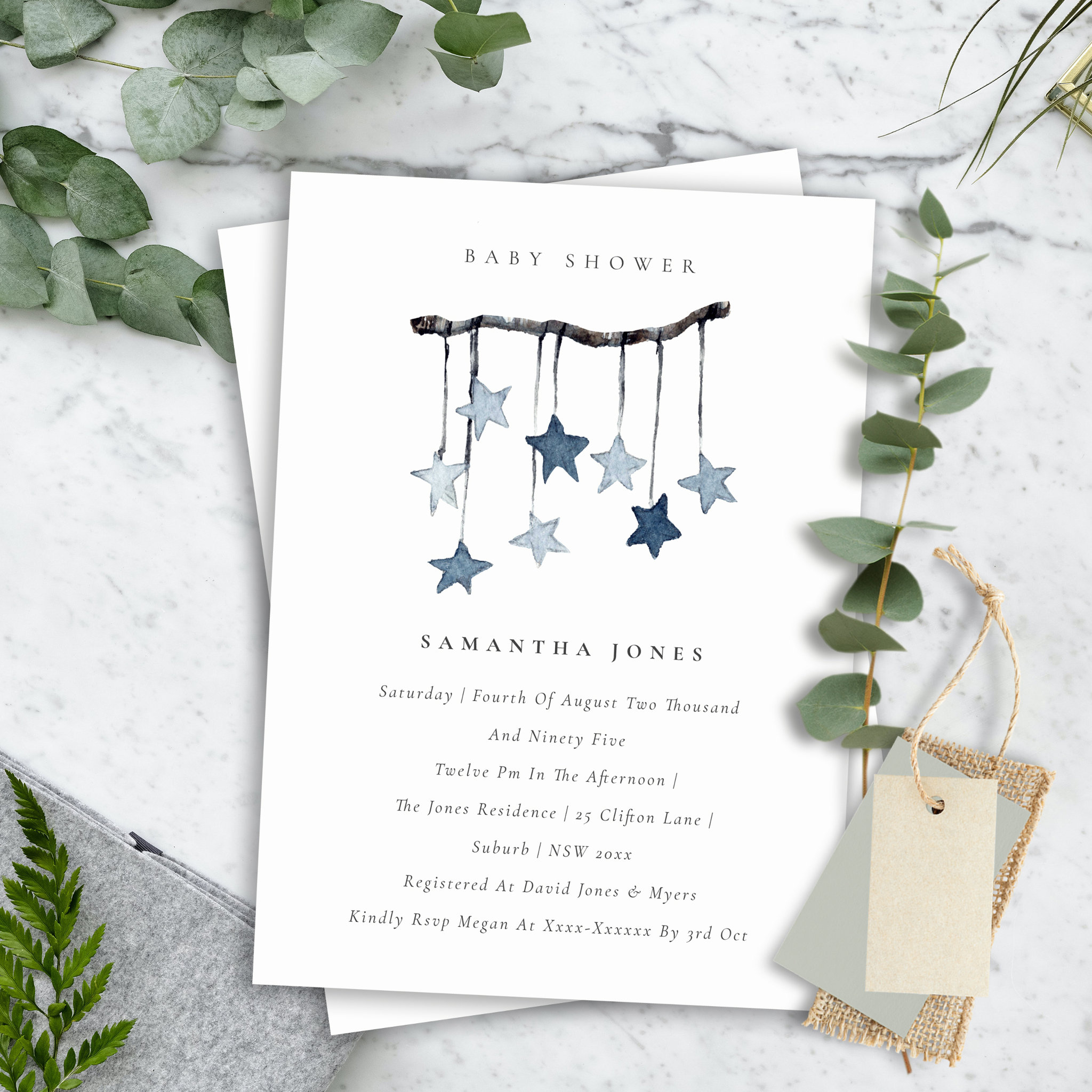 Cute Baby Star Mobile Blue Boy Baby Shower Invite