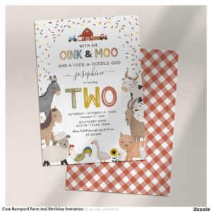Cute Barnyard Farm 2nd Birthday Invitation