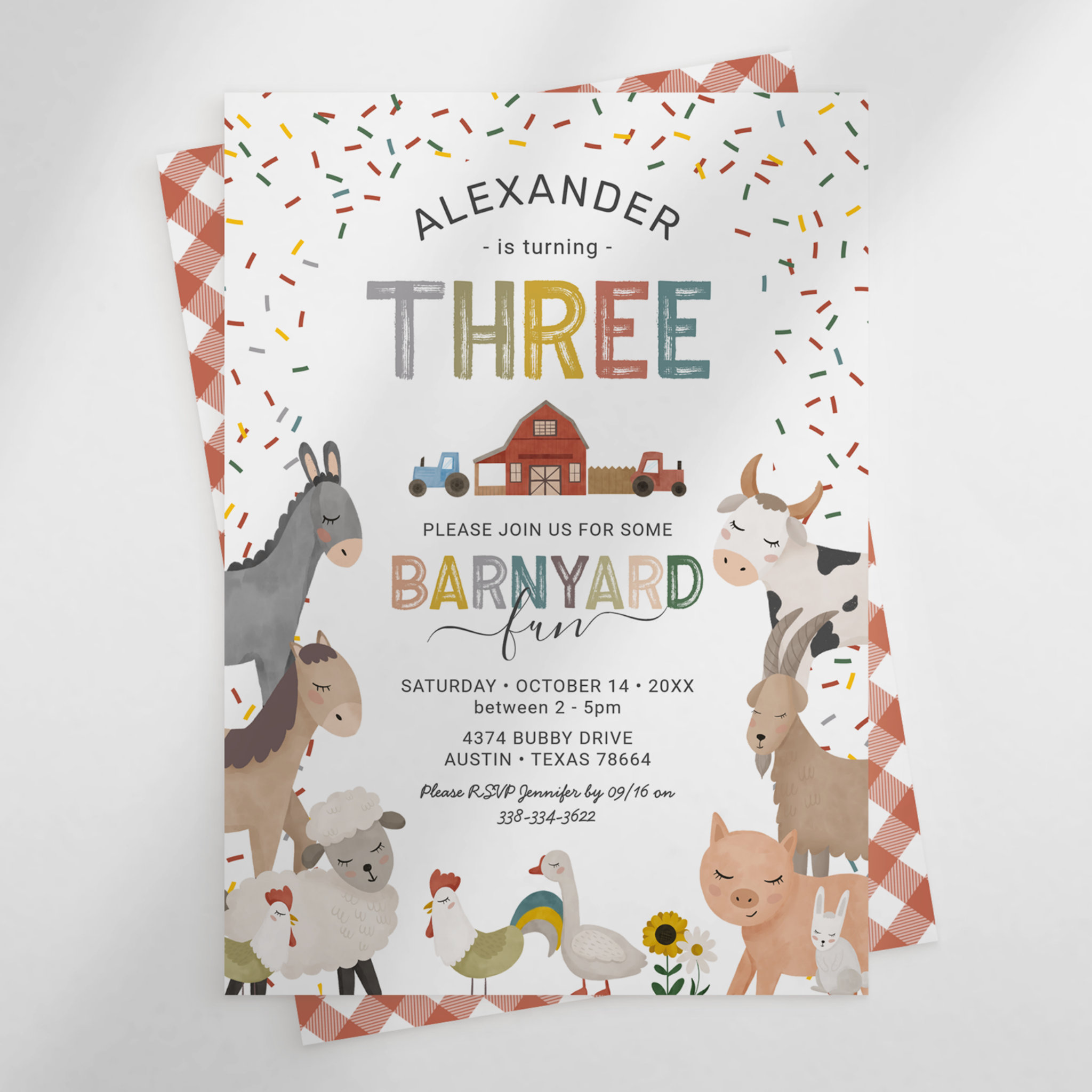 Cute Barnyard Farm 3rd Birthday Invitation