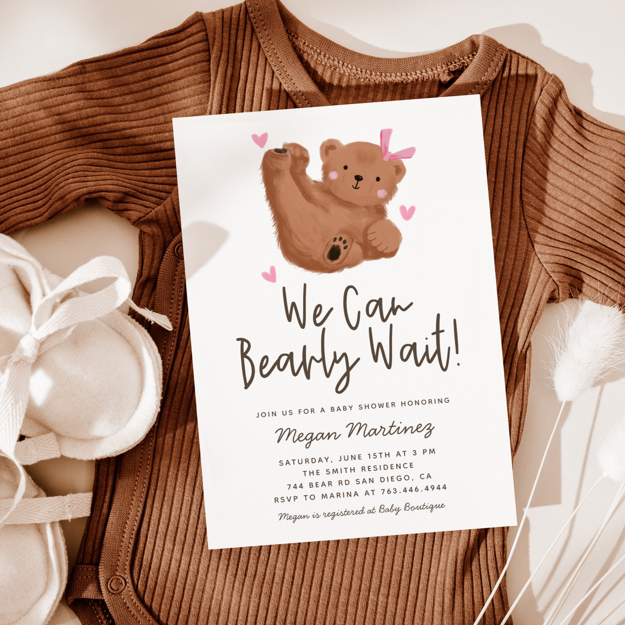 Cute Bear Theme Girl Baby Shower Invitation