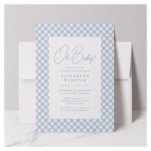 Cute blue gingham simple baby shower invitation