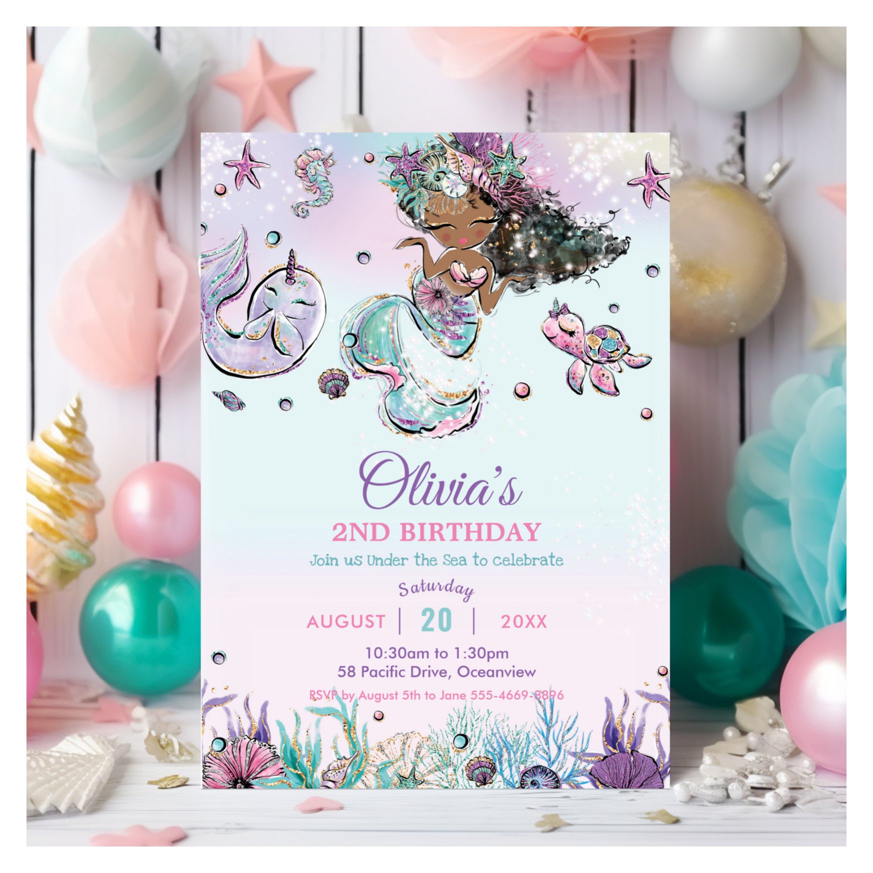 Cute Brown Mermaid Under the Sea Narwhal Birthday Invitation
