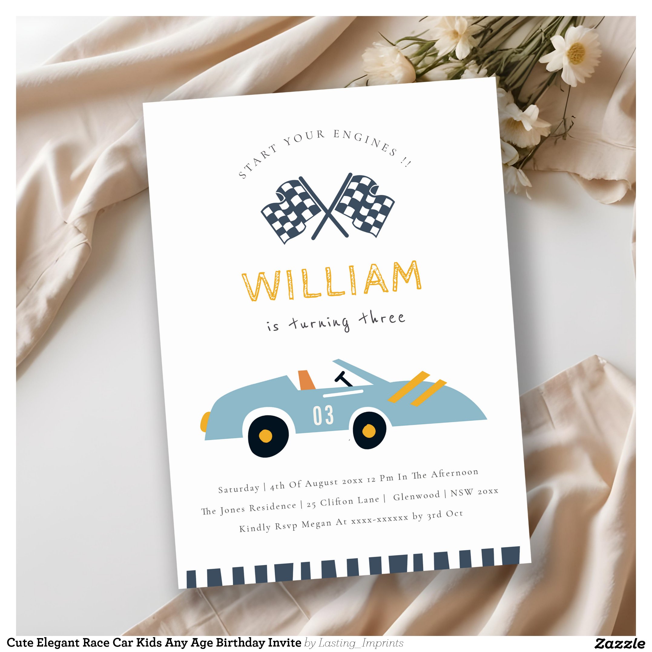Cute Elegant Race Car Kids Any Age Birthday Invite
