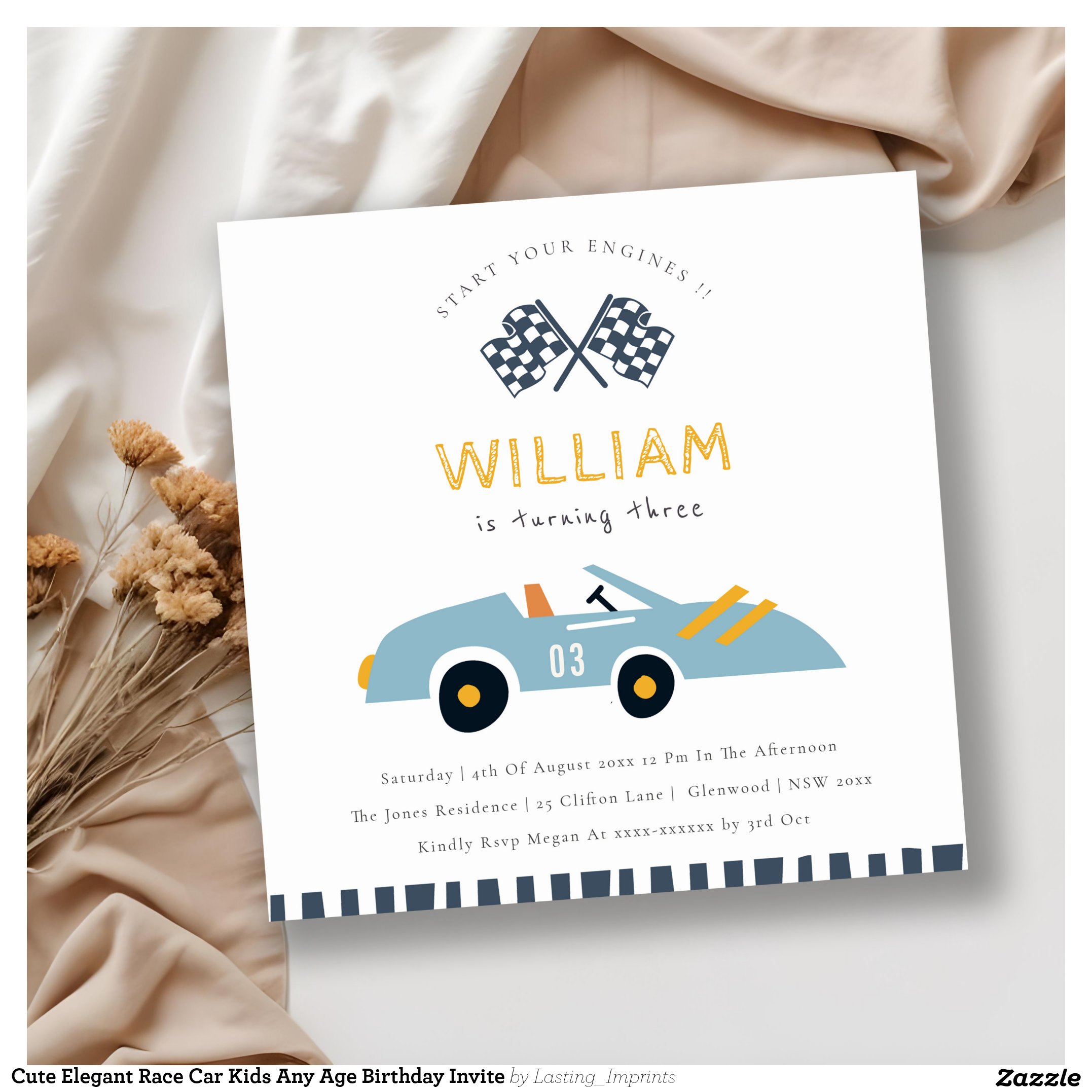 Cute Elegant Race Car Kids Any Age Birthday Invite