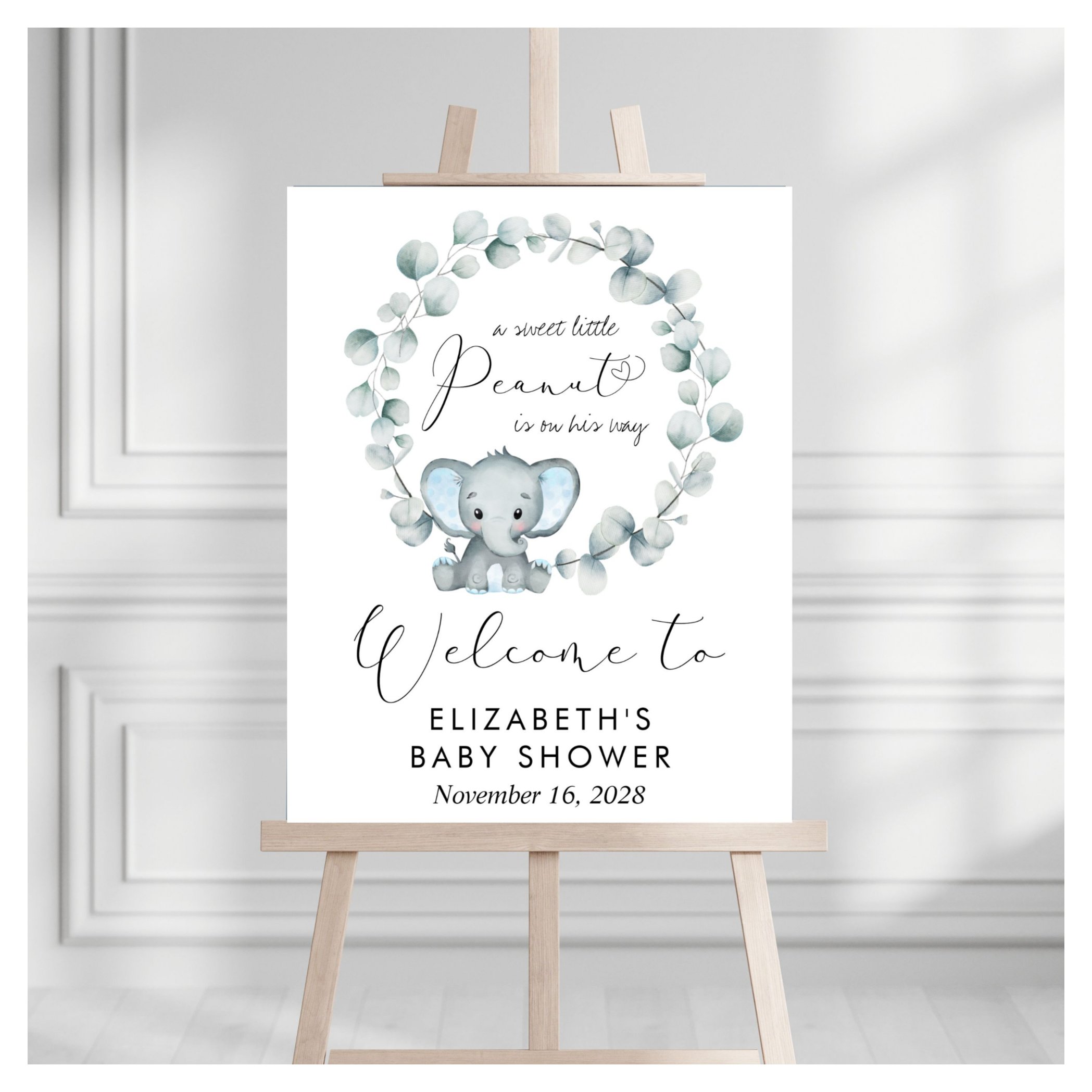 Cute Elephant Eucalyptus Baby Boy Shower Welcome Foam Board