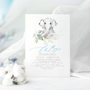 Cute Elephant Watercolor Greenery Baby Shower Invitation