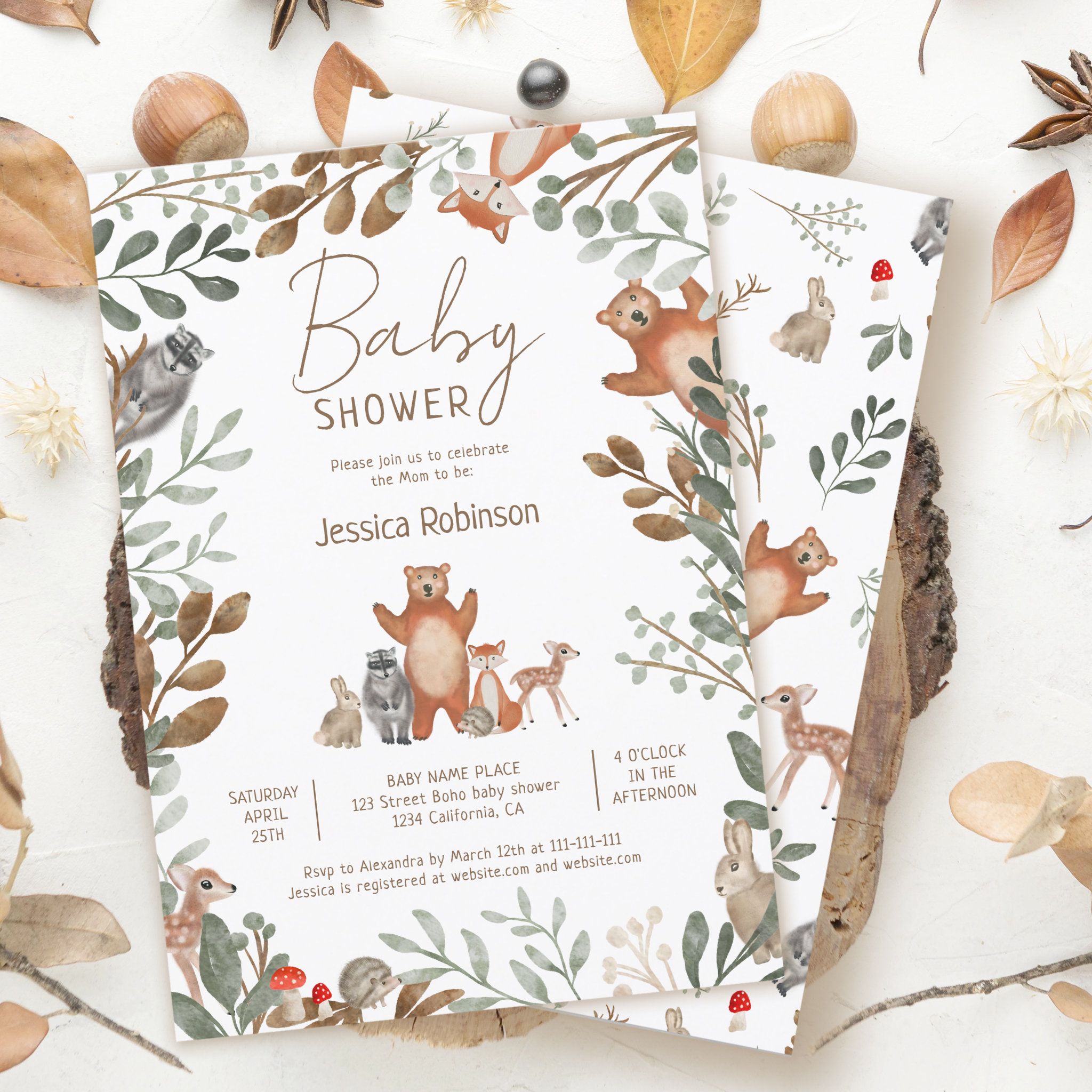 Cute greenery forest animals woodland baby shower invitation