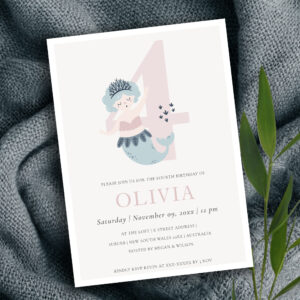 Cute Little Pink Blue Mermaid 4th Birthday Invite