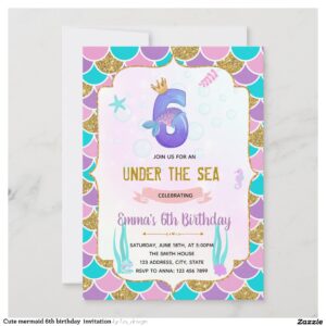 Cute mermaid 6th birthday  invitation