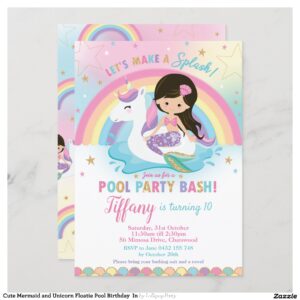 Cute Mermaid and Unicorn Floatie Pool Birthday  In Invitation