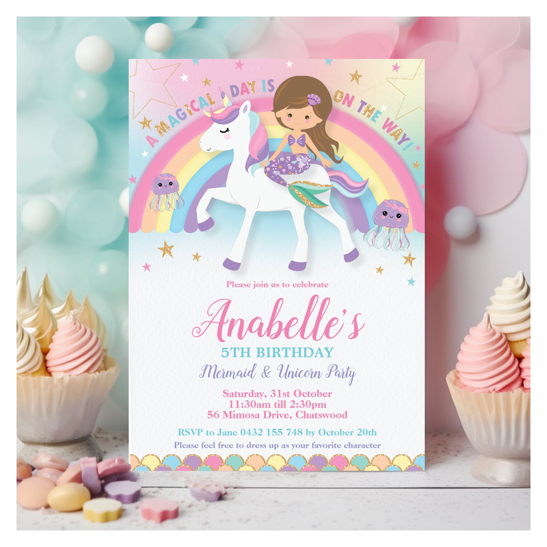 Cute Mermaid and Unicorn Rainbow Birthday  Invitation