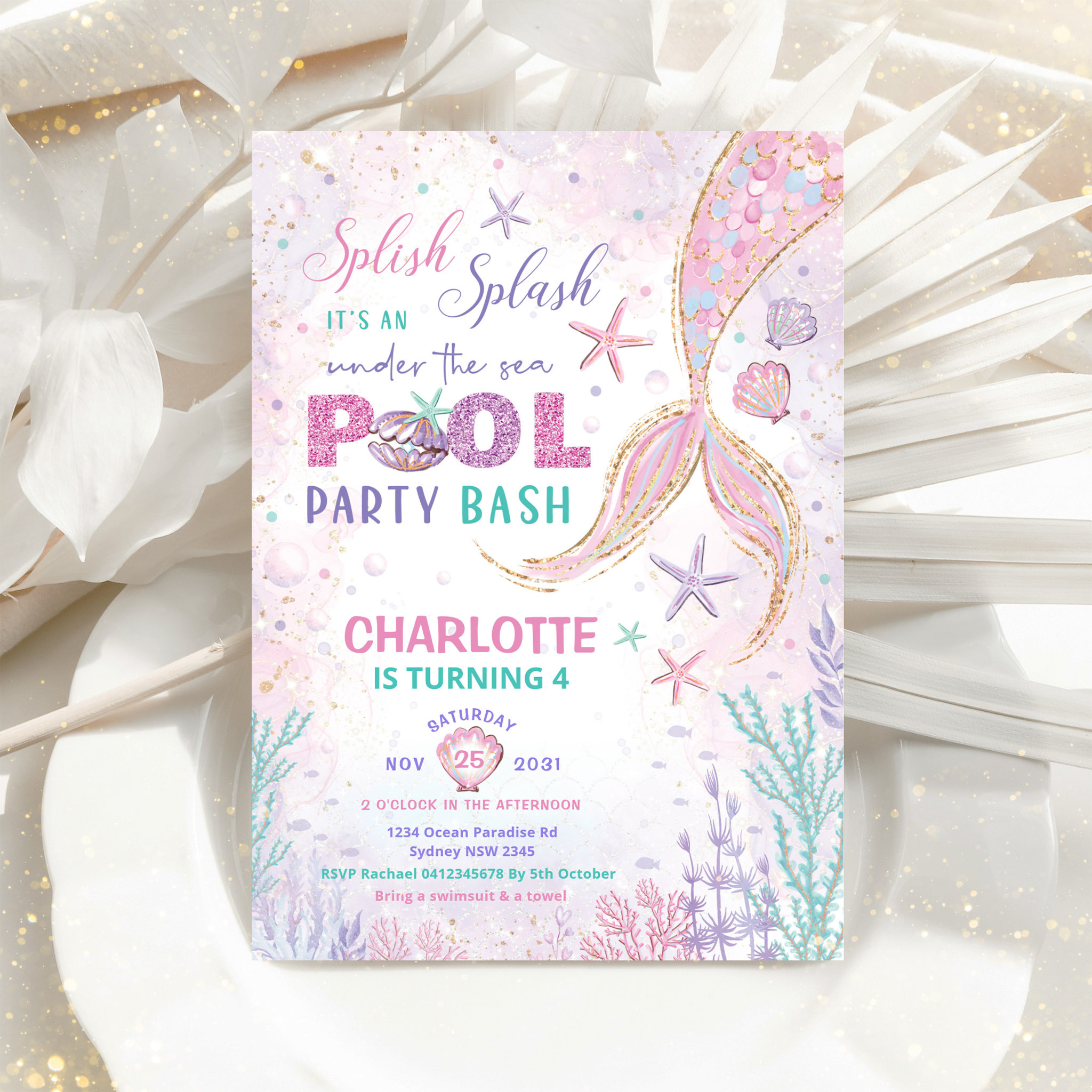 Cute Mermaid Pool Party Under the Sea Birthday Invitation