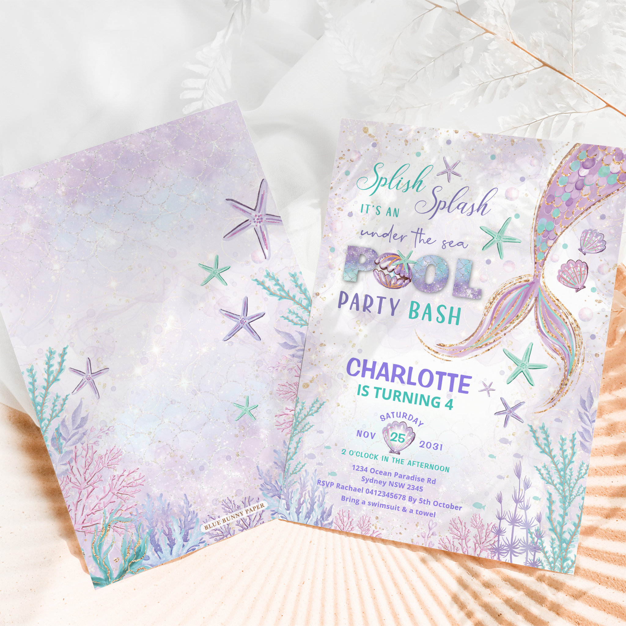 Cute Mermaid Pool Party Under the Sea Birthday Invitation