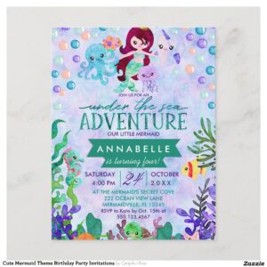 Cute Mermaid Theme Birthday Party Invitations