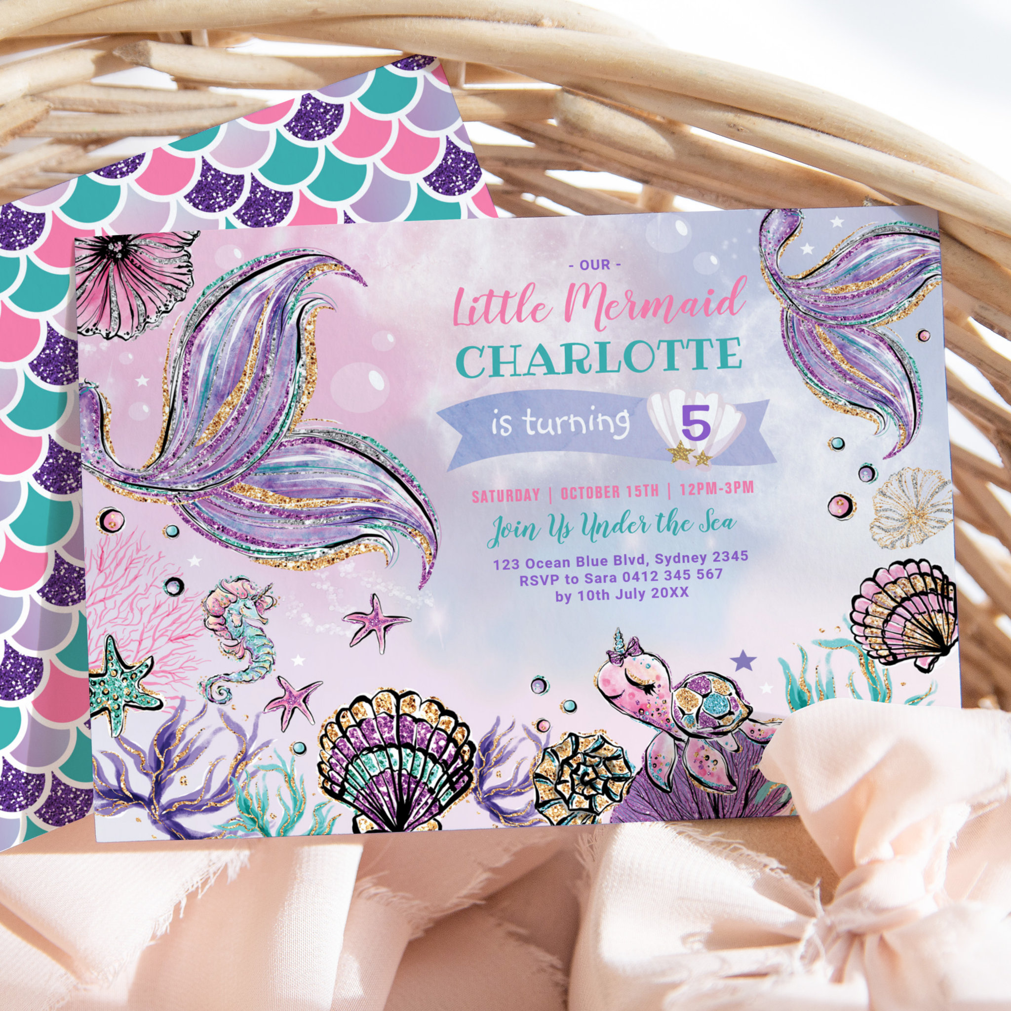 Cute Mermaid Under the Sea Birthday Party Invitation