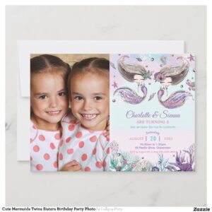Cute Mermaids Twins Sisters Birthday Party Photo Invitation
