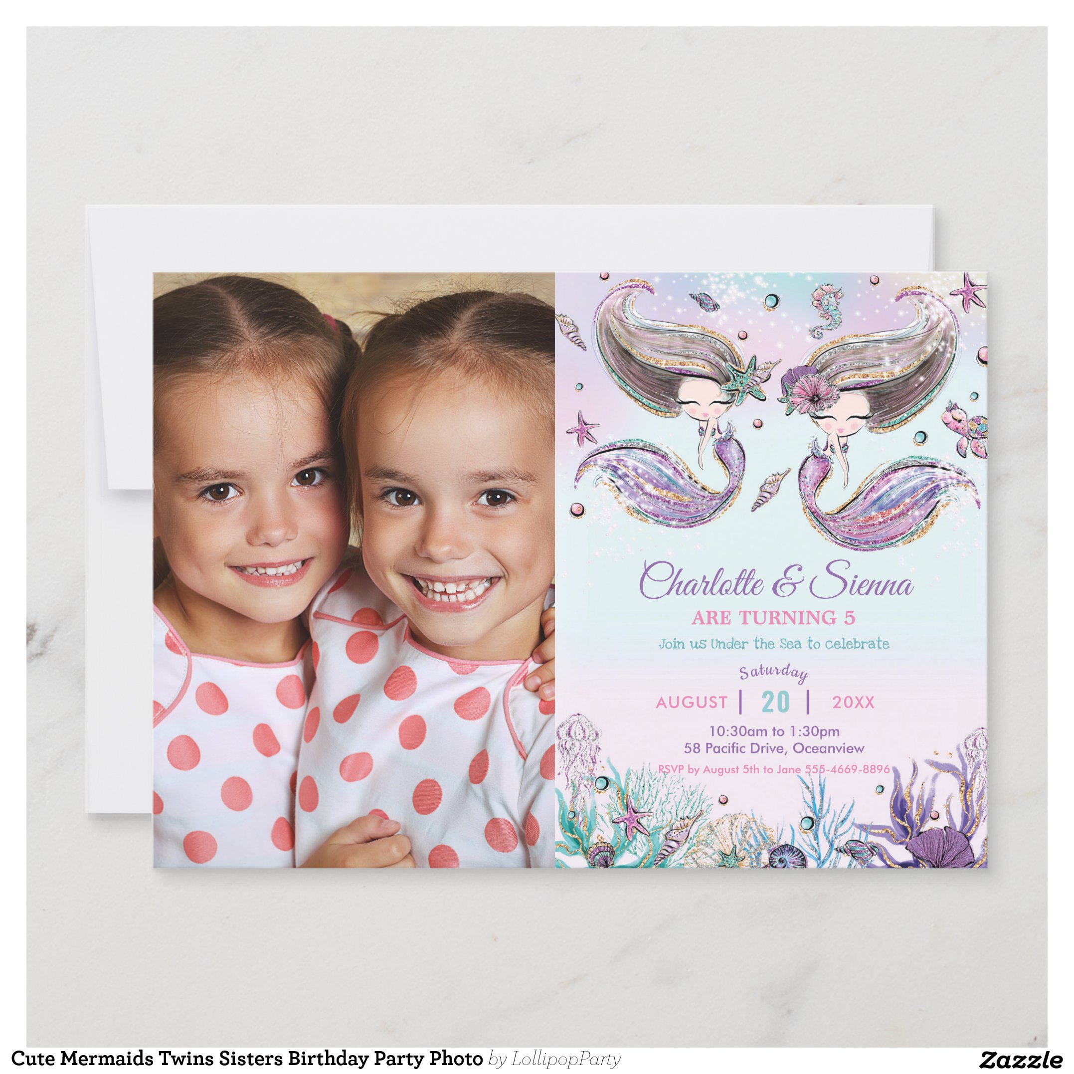 Cute Mermaids Twins Sisters Birthday Party Photo Invitation
