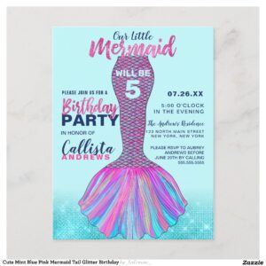 Cute Mint Blue Pink Mermaid Tail Glitter Birthday Invitation Postcard