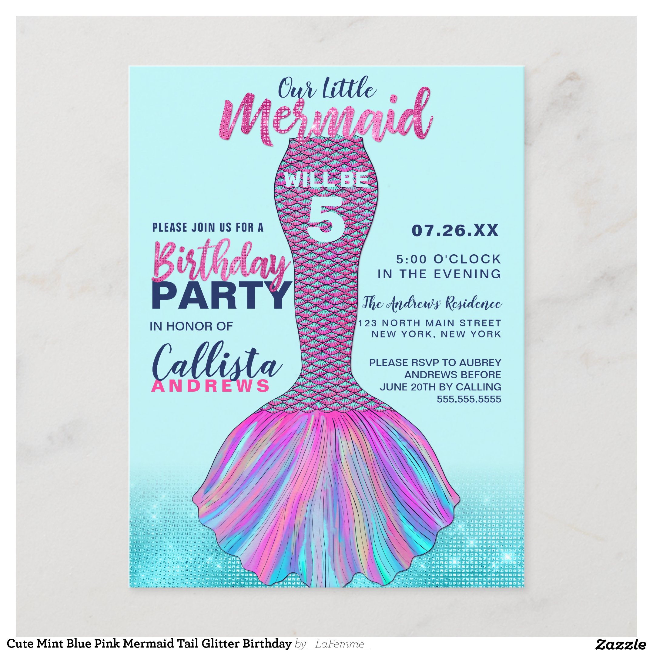 Cute Mint Blue Pink Mermaid Tail Glitter Birthday Invitation Postcard