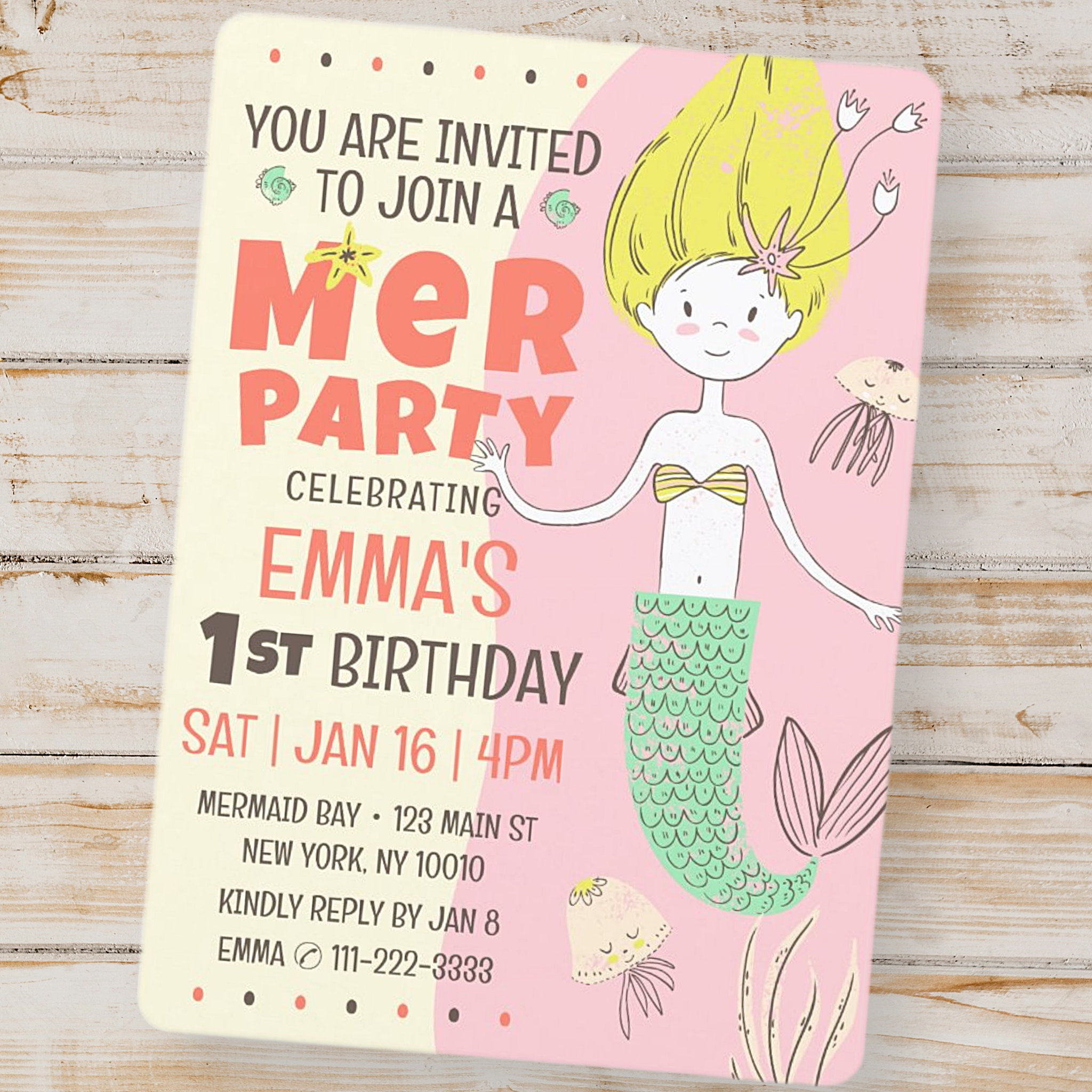 Cute Modern Mermaid Kid's Birthday Party Invitation