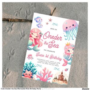 Cute Oneder the Sea Mermaids Kids Birthday Party  Invitation
