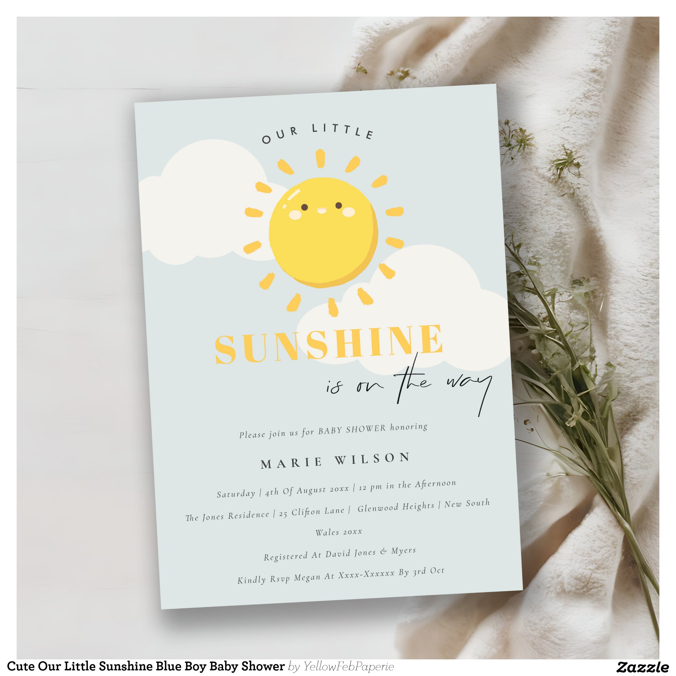 Cute Our Little Sunshine Blue Boy Baby Shower Invitation