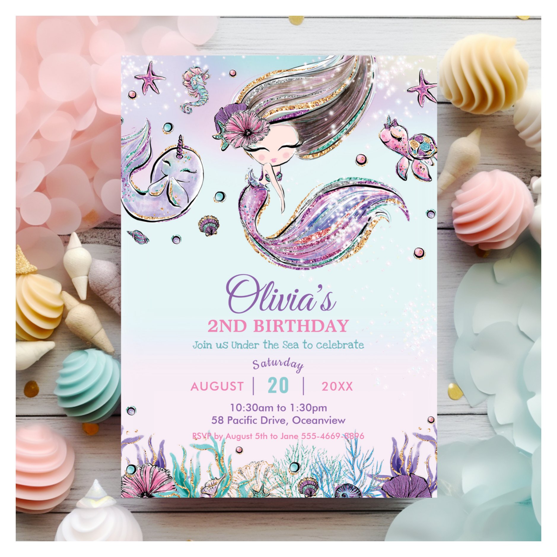 Cute Pretty Mermaid Under the Sea Purple Birthday Invitation