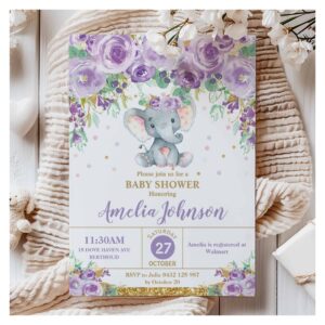 Cute Purple Floral Elephant Baby Shower Baby Girl Invitation